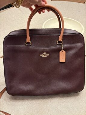Coach Leather Laptop Bag - Burgundy with Tan Handles